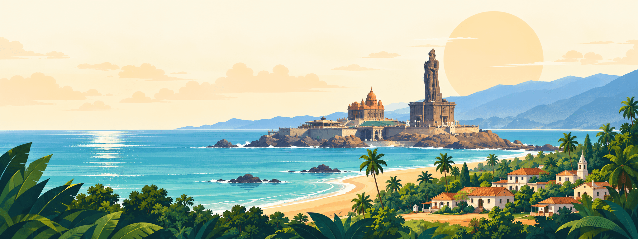 A coastal village in Kanyakumari with the Vivekananda Rock Memorial and Thiruvalluvar Statue at sunrise