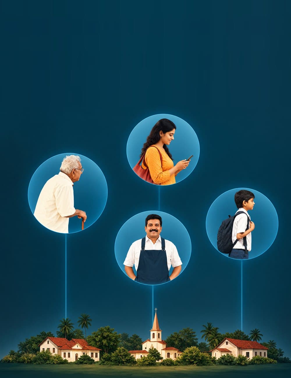 An elderly man, a woman, a shopkeeper and a schoolboy, each in their own glowing circle above the village