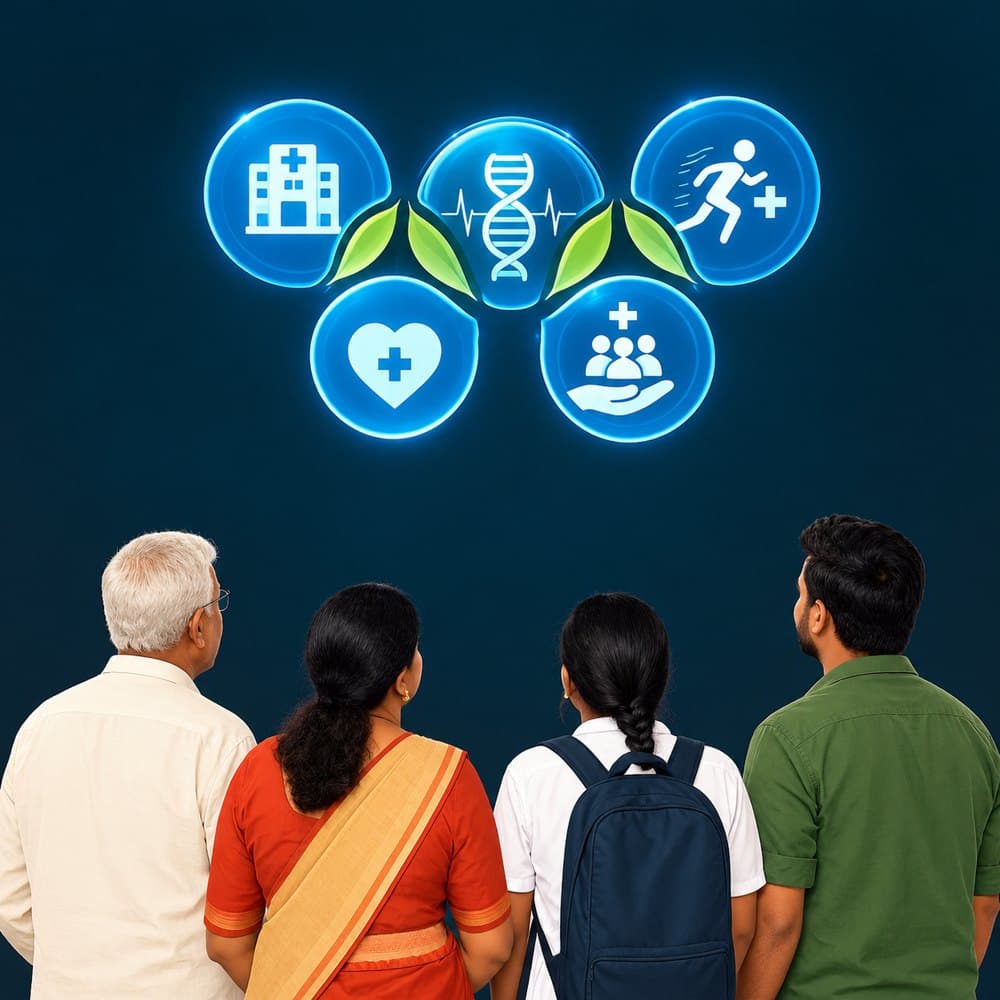 Four villagers looking up at glowing health and community icons