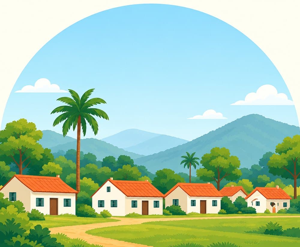 A peaceful village of white houses with orange roofs, palms and hills