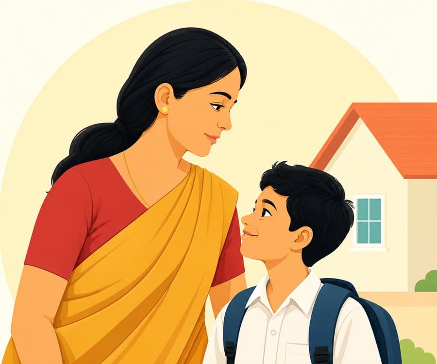 A mother and her son in school uniform smiling at each other