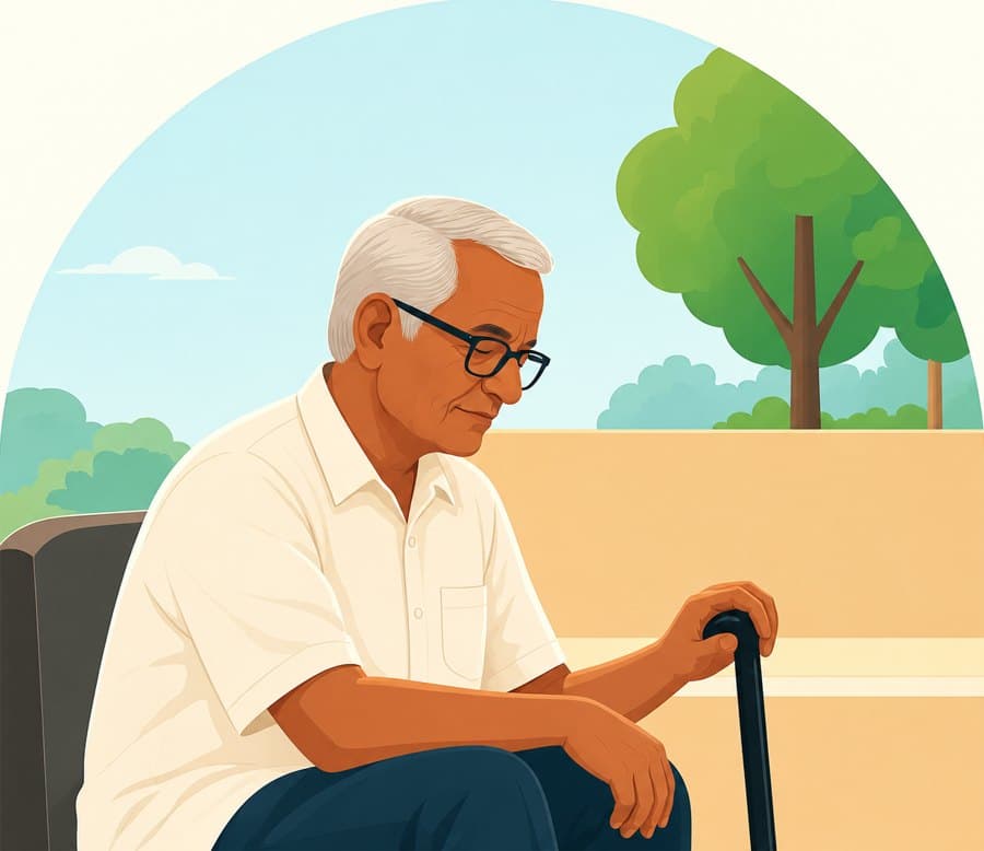 An elderly man with glasses sitting quietly with his walking stick
