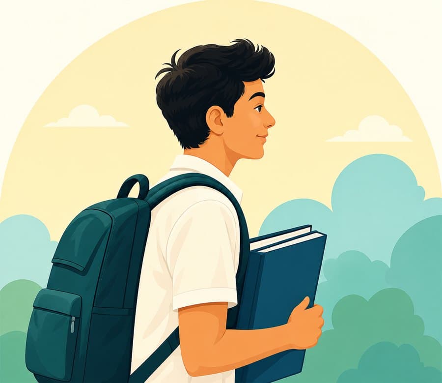 A young student with a backpack and books looking ahead