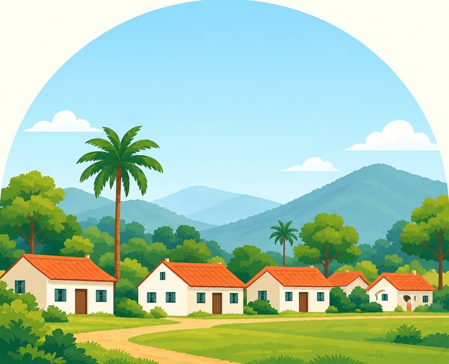A peaceful village of white houses with orange roofs, palms and hills