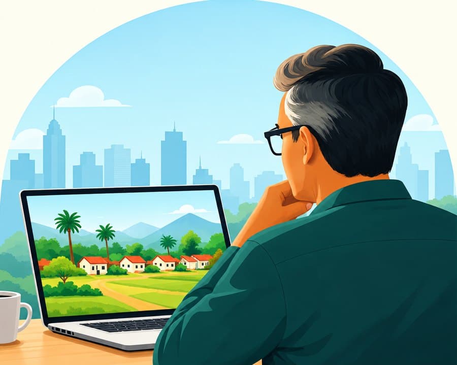 A man in the city looking at a village on his laptop