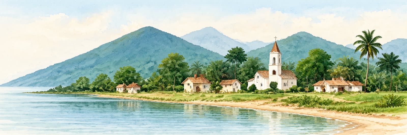 A watercolour of a seaside village with a church, white houses and green hills